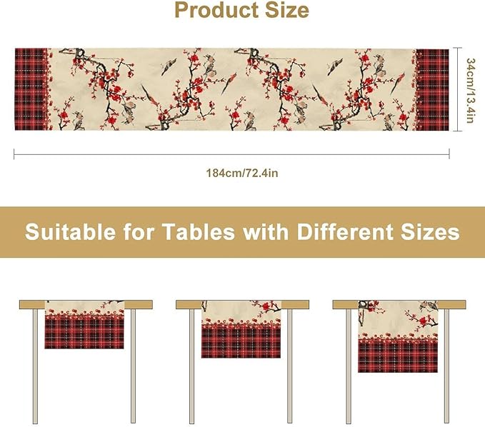 Bird Table Runner,Red Black Buffalo Plaid Blossom Seasonal Table Runner for Kitchen Dining Table Decoration Home Party Decor 13x36 Inch