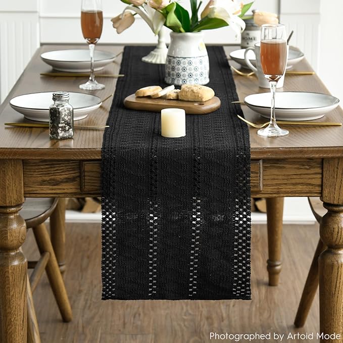 Artoid Mode Black Farmhouse Woven Rustic Hollow Table Runner, Seasonal Holiday Hollow Kitchen Dining Table Decoration for Home Party Decor 12x90 Inch