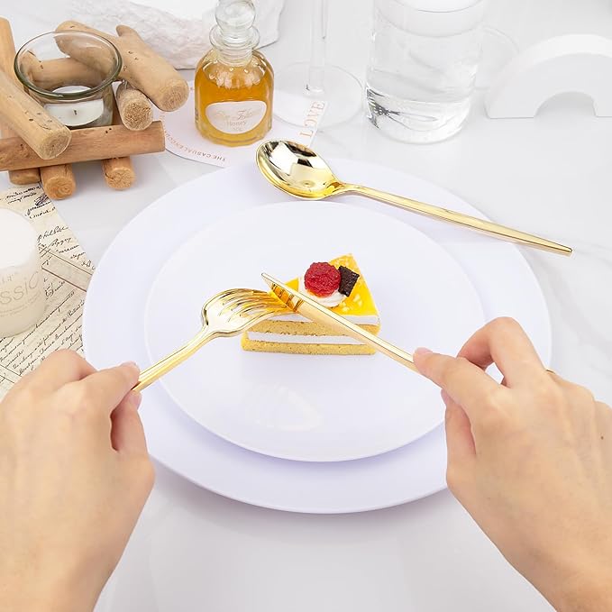 PULOTE 150PCS Gold Plastic Silverware Disposable - Heavy Duty Gold Plastic Cutlery - Gold Plastic Utensils Set Include 50 Knives,50 Forks,50 Spoons for Party&Wedding