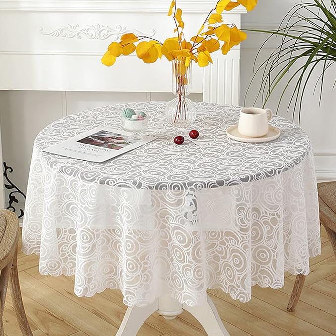 Jeloris Round Lace Tablecloth with Elegant Scalloped Bottom for Any Special Event Such as Wedding, Birthday Party, Baby Shower, Anniversary (60 inch, Style 7)