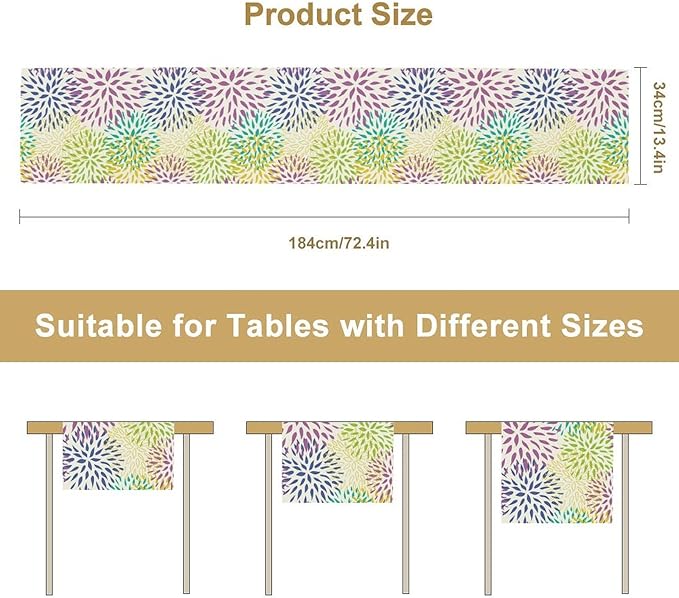 Purple Flowers Table Runner, Chrysanthemum Dahlia Vintage Modern Colorful Spring Summer Elegant Table Runner for Party Kitchen Dining Living Room Laundry Room Decor, 13x70 Inch