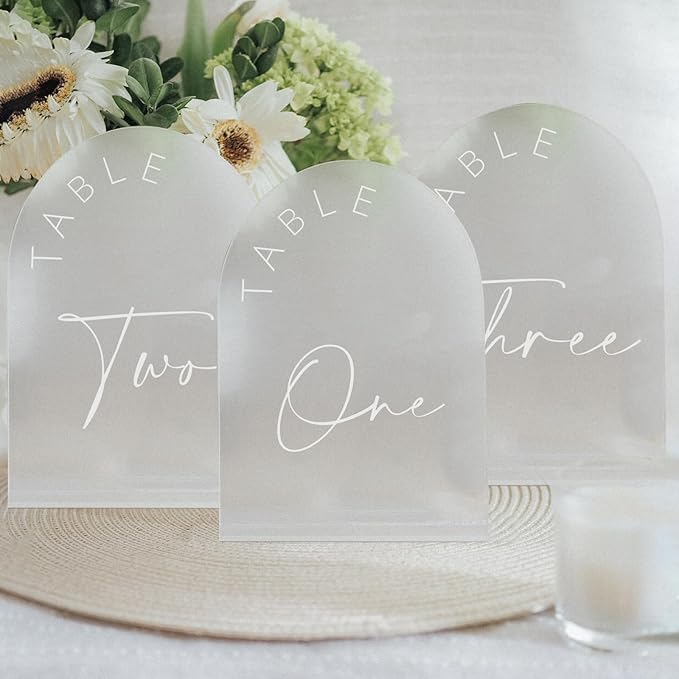 Place Cards: Frosted Acrylic Arch Table Numbers 1-30, White Print