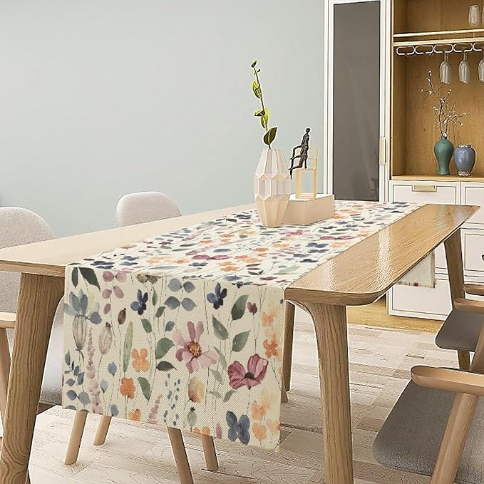 Watercolor Floral Table Runner, Vintage Colorful Floral Natural Style Pattern Decorative Home Restaurant Kitchen Rectangle Table Runner,13in（33cm） W * 108in（274cm） L