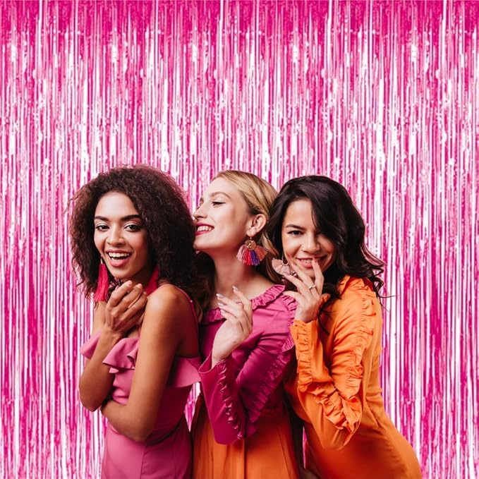 GOER 3.2 ft x 8.2 ft Metallic Tinsel Foil Fringe Curtains Party Photo Backdrop Party Streamers for Galentines Day,Birthday,Graduation,New Year Eve Decorations Wedding Decor (1 Pack, Hot Pink)