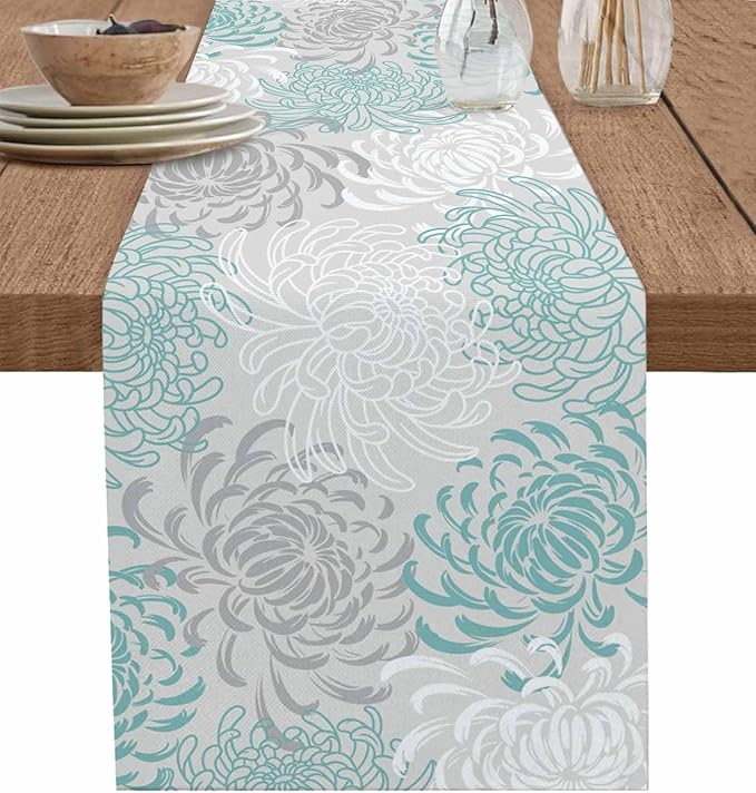 Auqa Chrysanthemum Cotton Linen Table Runner for Dining Kitchen, Wedding Outdoor Party Tablerunners Decoration, Farmhouse Floral Botanical Leaves Dresser Scarf Coffee Tablecloth Runners 13x90 Inches
