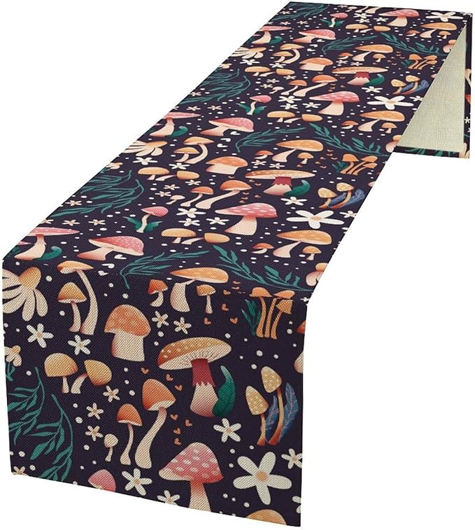 Mushroom Table Runner,Retro Forest Plant Table Cloth Farmhouse Kitchen Dining Table Decoration for Home Party Decor 13x108 Inch