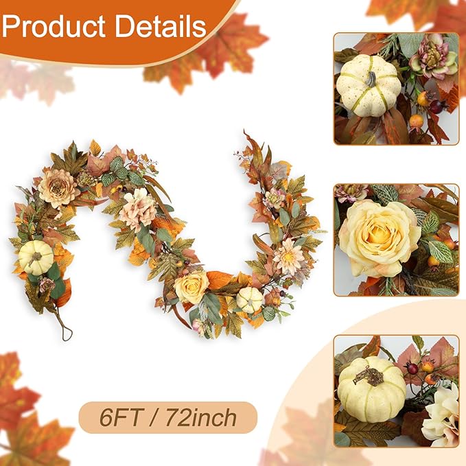 Garland with Pumpkins, Maple Leaves and Flowers, 72 Inch Fall Plastic