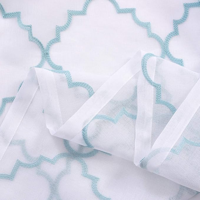 Embroidery Sheer Curtains Blue 95 Inches Long, Window Treatments Rod Pocket Drapes for Living room, Bedroom, Moroccan Design Crinkle Voile Curtain Panels for Yard, Villa, Parlor, Set of 2, 52"x 95".