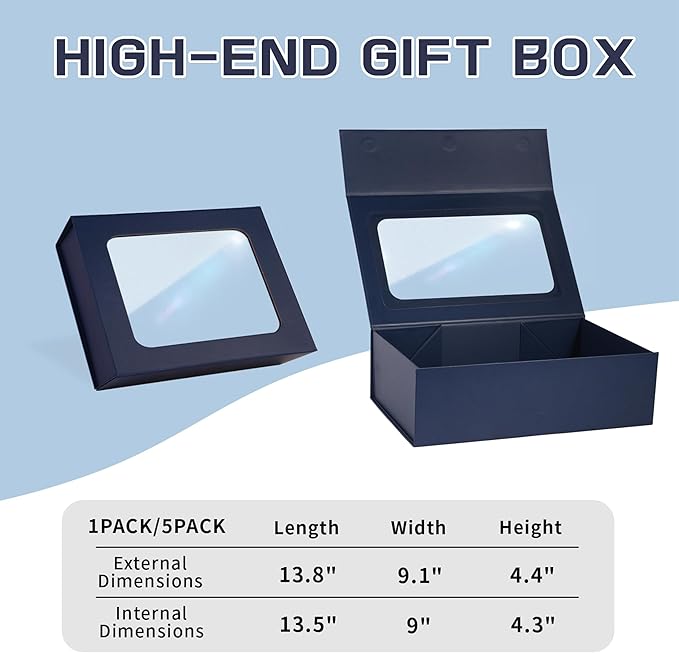 Blue Large Gift Boxes with Window, 13.5"x9"x4.3" Bridesmaid Boxe for Gift Giving,Birthday Gift Box with Magnetic,Closure Lid Gift Boxes for Presents,Cute Boxe,Luxury for Gift Packaging,Gift Box for Wrapping Gifts