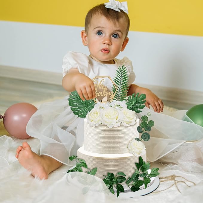 Cake Topper Kit, 34 Pieces, Wood Topper with Silk Roses and Leaves