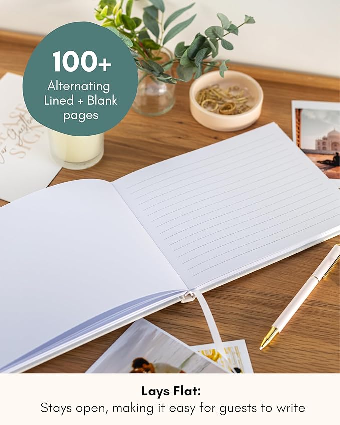 Linen Hardcover Wedding Guest Book with Lined and Blank Pages
