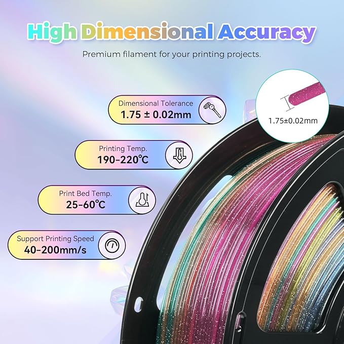 3D Printing Filament, 1.75mm PLA Crystal Rainbow Glitter 1 kg