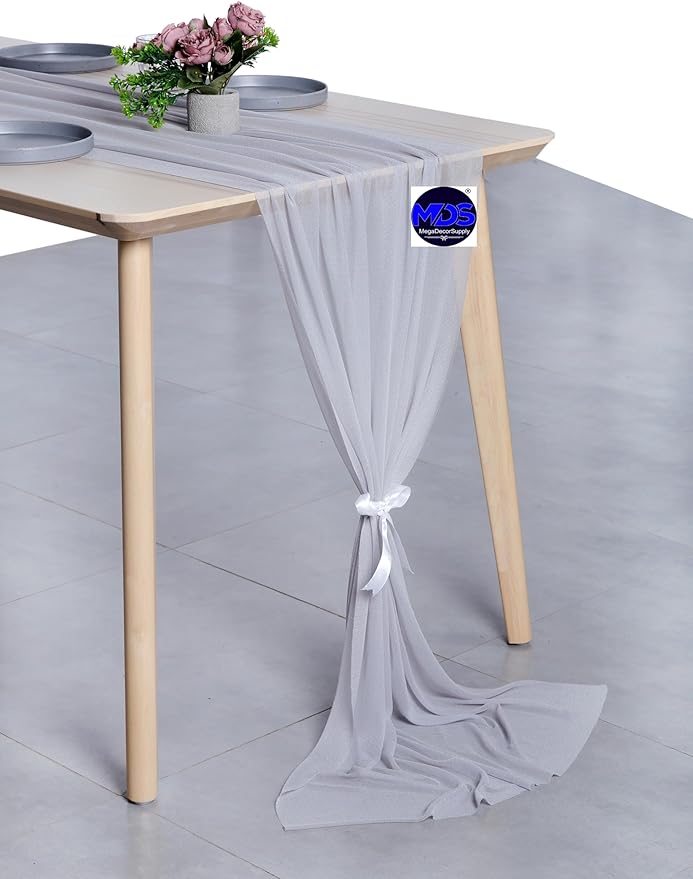 MDS 2 Pack 14ft Chiffon Table Runner 29 x 170 Inches Sheer Wedding Runner Romantic Rustic Table Runner for Wedding Decorations, Birthday Parties, Bridal Shower Party Arch Decor - Cool Gray