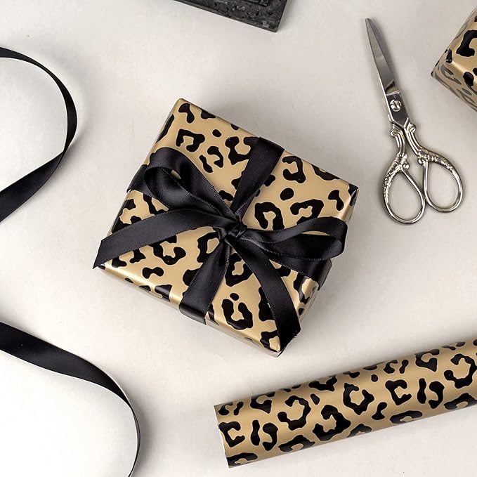 WRAPAHOLIC Reversible Leopard Wrapping Paper - Mini Roll - 17 Inch X 33 Feet - Leopard Print with Metallic Foil Shine and Stripe Design for Birthday, Holiday, Baby Shower