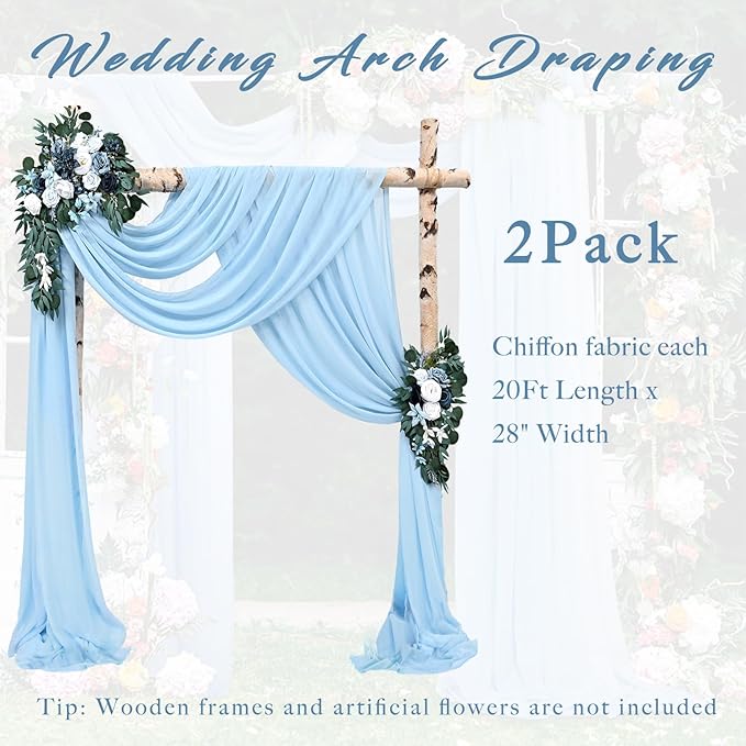 Baby Blue Chiffon Wedding Arch Drapes, 2 Transparent Panels, 20 Ft Long