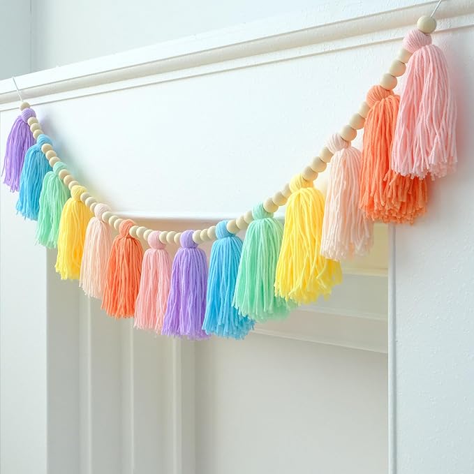 Tassel Garland Pastel Macaron Boho Wall Decor with Wood Beads