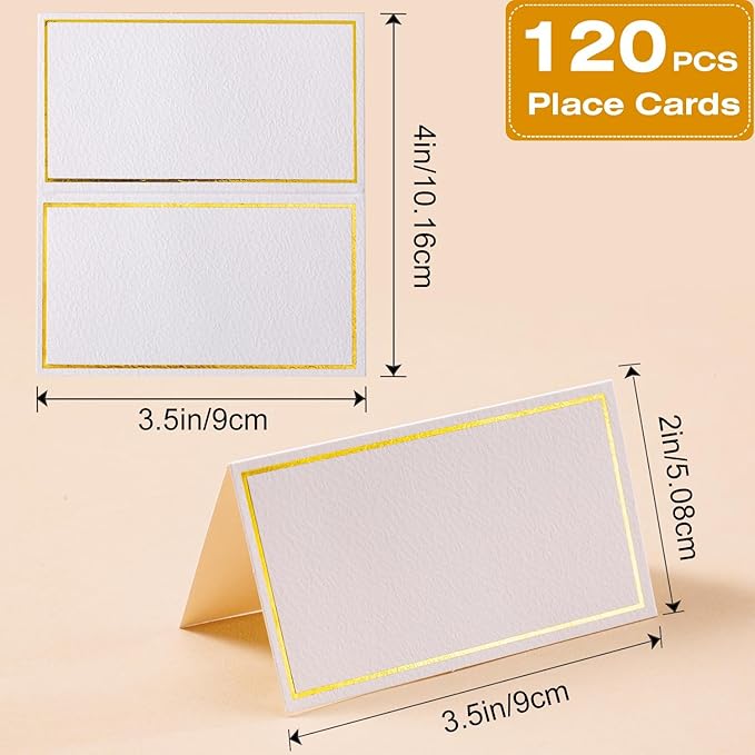 120Pcs Premium Place Cards, Small Table Cards with Gold Foil Border, 2" x 3.5" Tent Cards, Escort Cards, Name Cards, Wedding Place Cards for Wedding, Table, Dinner Parties, Seating Cards