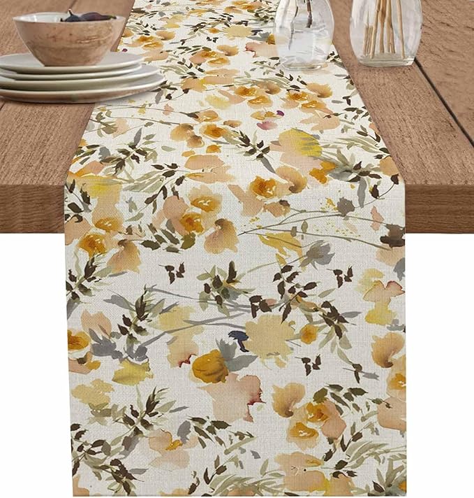 Vintage Orange Flower Cotton Linen Table Runner for Dining Kitchen, Wedding Outdoor Party Tablerunners Decoration, Farmhouse Botanical Floral Retro Dresser Scarf Coffee Tablecloth Runners 13x60 Inches
