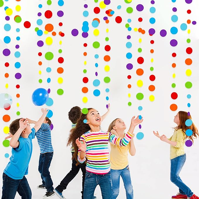 46Ft Rainbow Garland Colorful Circle Dots Hanging Paper Streamer Backdrop Multi Color Polka Dot Banner for Birthday Bachelorette Engagement Wedding Bridal Baby Shower Fiesta Party Decorations Supplies