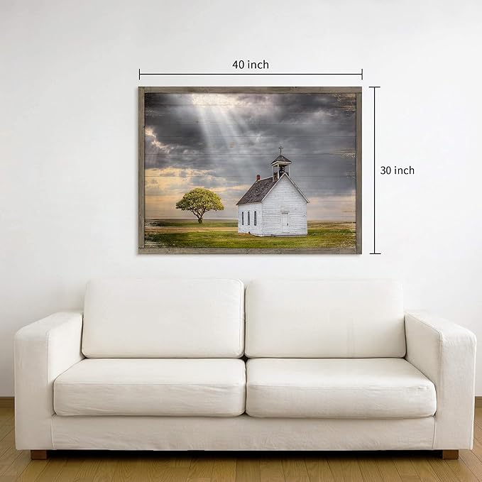 Wooden Barn Landscape Artwork Painting - Rustic Handcrafted Framed Countryside Picture Wall Art for Home Wall Decor