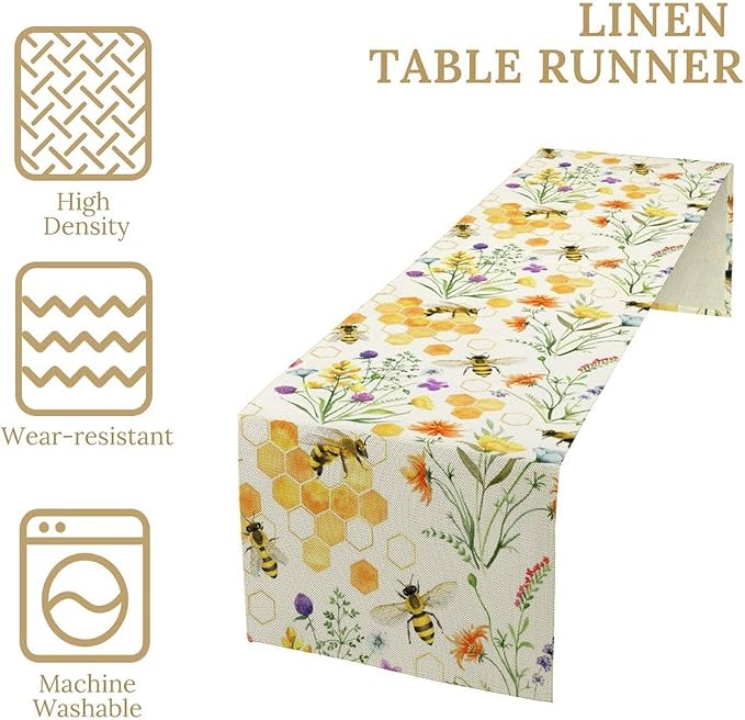 Summer Bee Table Runner, Seasonal Spring Wildflowers Bee Yellow Honeycombs Farmhouse Table Runner for Kitchen Dining Table Home Party Decor, 13x120inch