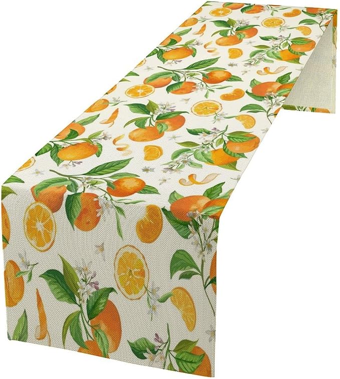 Spring Summer Orange Table Runner Vintage Citrus Lemon Fruit Mandarin Floral Dinner Runner for Farmhouse Baby Shower Party Holiday Home Kitchen Dining Table Decor 13x108