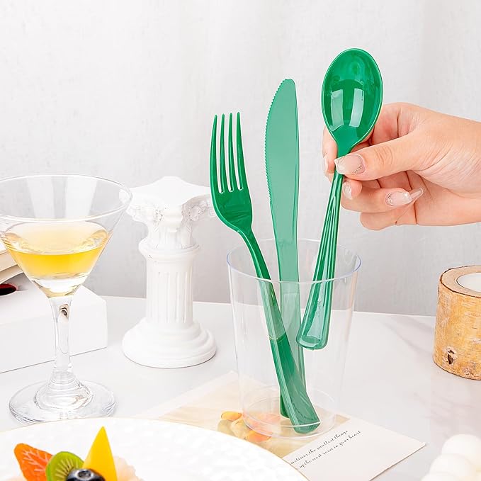 Heavy Duty Christmas Silverware - WDF 160 Pcs, Green Plastic Includes 80 Forks, 40 Spoons, 40 Knives; Perfect for Parties or Daily Use