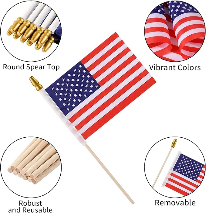 100pcs Small American Flags on Stick, Handheld 4 x 6 Inchs Mini American Flags with Kid-Safe Golden Spear Top, US Flags for 4th of July Decorations Outdoor, Independence Day Decorations