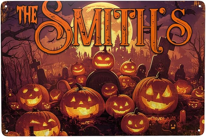 Personalized Halloween Metal Sign with Family's Name or Text Custom Pumpkin Wall Decor Signs Fade Resistance for Indoor Outdoor Spooky Gifts for Friends Family