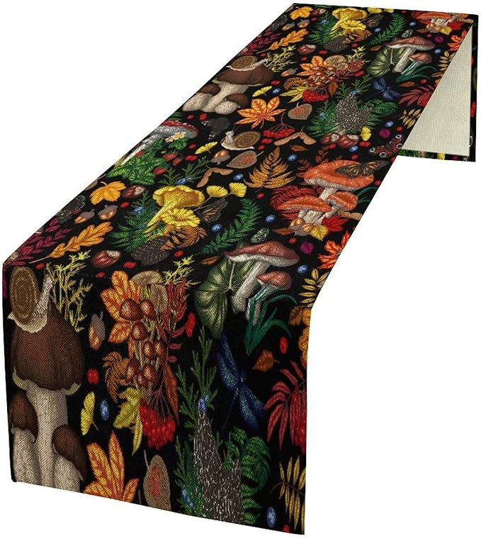 Nature Mushroom Table Runner,Retro Boho Floral Botanical Plant Forest Pattern Print Tablecloth Burlap for Hotel Indoors Outdoor Dining Room Kitchen Holiday Party, 13x108in