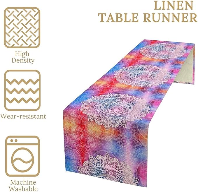 Vintage Mandala Table Runner, Bohemian Indian Purple Starry Colorful Floral Print Table Runner for Home Kitchen Dining Table Party Decor, 13x108inch