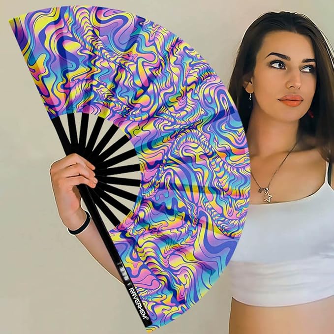 UV Glow Rave Fan, Bamboo Folding Clack Hand Fans Foldable for Men Women, Boots on the Ground Poping Fan for EDM Festival Line Dance Decoration, (Waves-2, Medium 11")