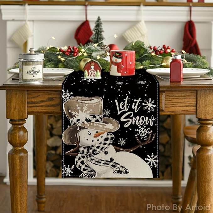 Artoid Mode Black Snowman Snowflake Let it Snow Winter Table Runner, Christmas Kitchen Dining Table Decoration for Home Party Decor 13x36 Inch