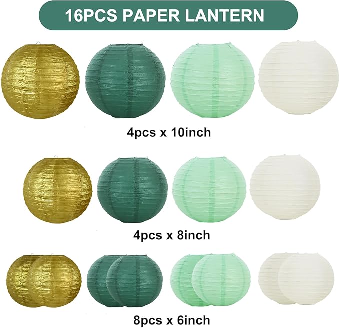 Paper Lanterns in Assorted Sizes, Sage Green, Forest Green, Gold and White