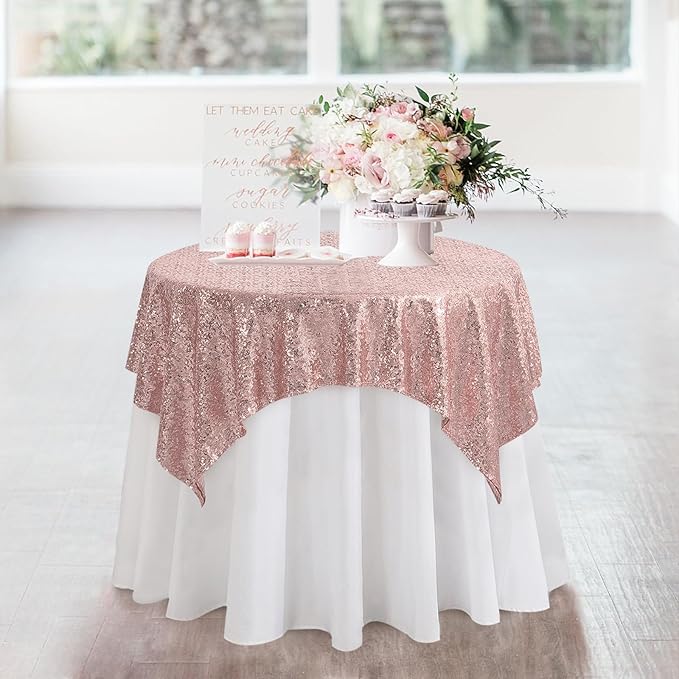 Square Rosegold Sequin Tablecloth- 50x50 inch, Seamless Sparkle and Glitter Party Table Cloth, Shiny&Elegant for Wedding Birthday Ceremony Prom Table Decorations