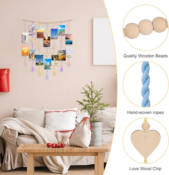 Boho Macrame Wall Decor with Hanging Photo Display and Fairy Lights 14 Wood Clips Picture Frame Holder for Teen Girl Gifts Bedroom Dorm Decor Christmas Birthday Party Art Hanging Decor