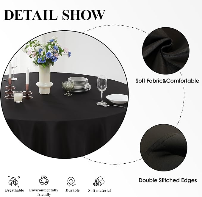 Round Black Polyester Tablecloths, Washable, 90 to 132 Inch Sizes