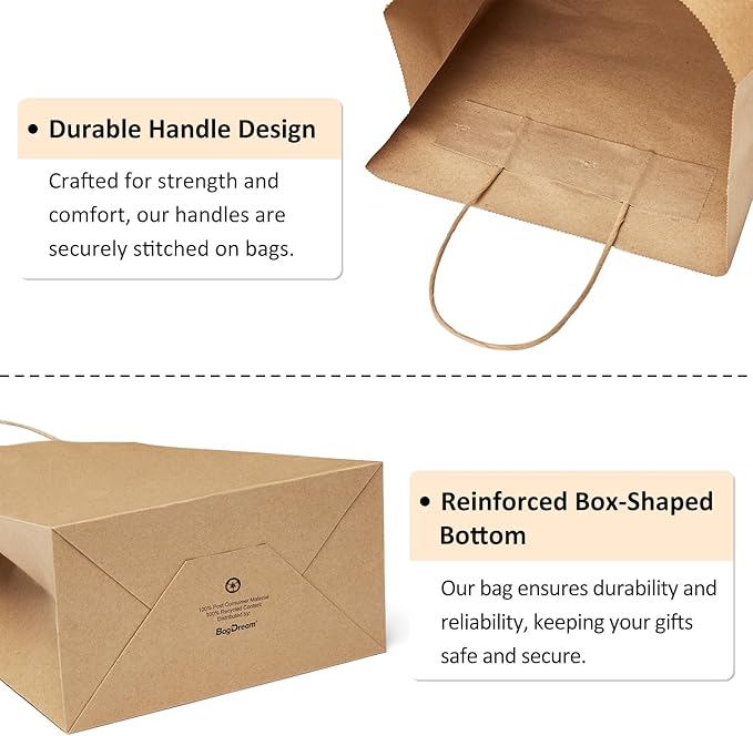 BagDream 50Pcs Gift Bags 8x4.25x10.5 Kraft Paper Gift Bags with Handles Bulk, for Shopping, Retail, Merchandise, Party Favor, Wedding, Birthday Brown Paper Sacks