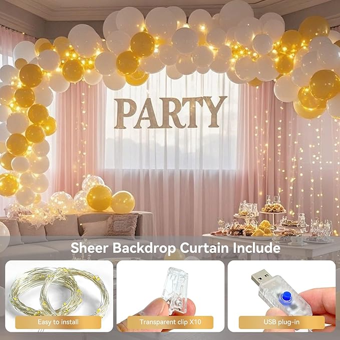 10×8ft Tulle Backdrop Curtains with Lights String - 300LED Fairy Lights Sheer Curtain Backdrop for Weddings Baby Shower and Birthday Party Decorations(6 Panels 5×8ft)