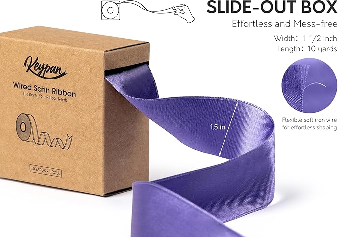 Purple Satin Ribbon Double-Faced Wired Ribbons for Gift Wrapping Flower Bouquet Bows Wedding Invitation Christmas Decor Crafts 1-1/2 Inch 10 Yards