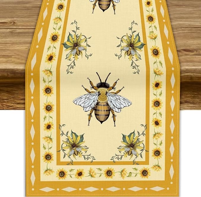 Honey Bee Table Runner, Farmhouse Yellow Sunflower Retro Summer Linen Tables Runners for Kitchen Dining Table Home Party Decor, 13x90inch