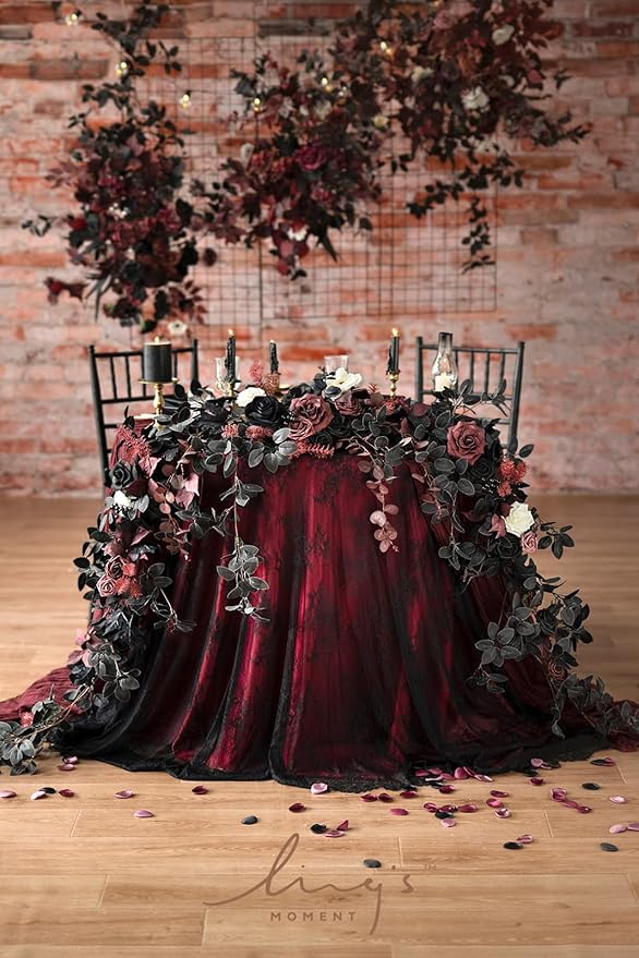 Ling's Moment 9FT Eucalyptus & Willow Leaf Garland with White Flower, Handcrafted Wedding Sweetheart Table Centerpieces Head Table Decor Arch Backdrop Decorations for Wedding | Black & Burgundy