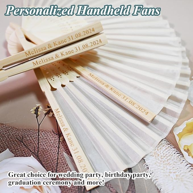 60 Set Personalized Cream Wedding Fans for Guests Bulk, Custom Engraved Summer Wedding Fans, Silk Hand Fans Handheld Folded Fan Baby Shower Favors for Bridal Bridesmaid Gift Church Dancing Party