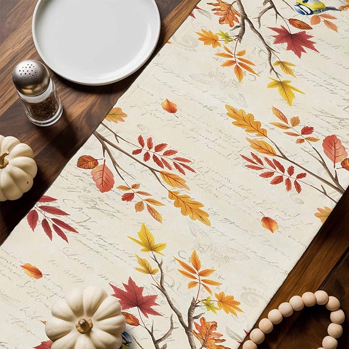 Thanksgiving Fall Cotton Linen Table Runner for Dining Kitchen, Blue Pumpkins Rustic Wedding Outdoor Party Autumn Tablerunners Decoration, Leaves Dresser Scarf Coffee Tablecloth Runners 13x72 Inches