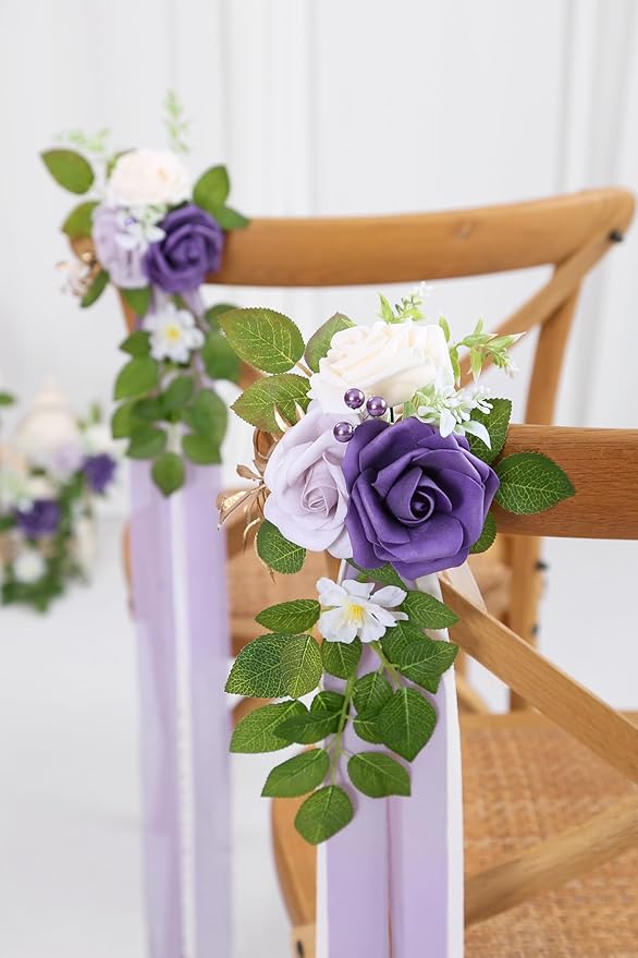 Artificial Flowers for Wedding Aisle, Purple Roses, Gold Leaves and Ribbon