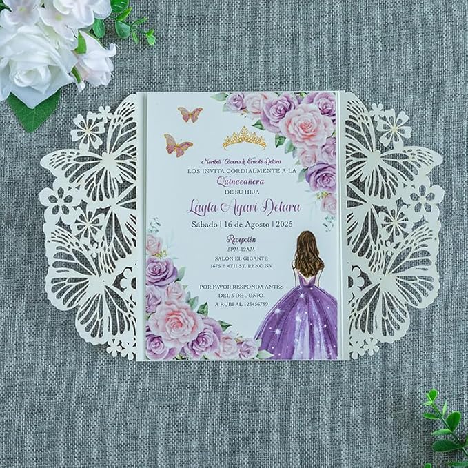 20 PCS 5.12x7.2 Butterfly Personalized Quinceanera Invitation, Customized XV Anos Laser Cut Invitation Cards with Envelopes (Purple Glitter Personalized)