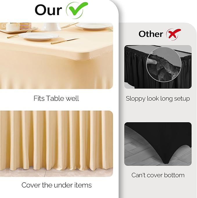 Wish Care 2 Pack Champagne Spandex Table Clothes for 8 Foot Rectangle Tables, 8FT Wrinkle Free Fitted Tablecloths Ruffles Design Table Cover for Party, Banquet, Wedding and Events