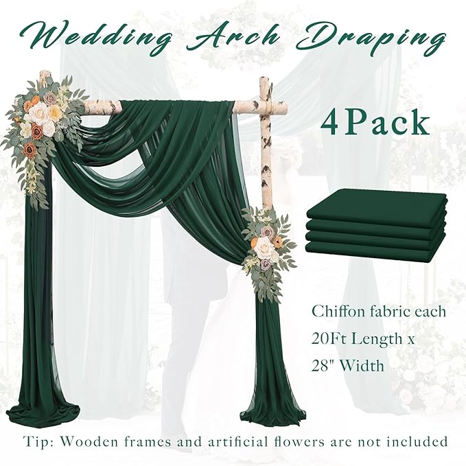 Wedding Arch Drape Fabric, 4 Emerald Green Chiffon Panels, 20 Ft Long