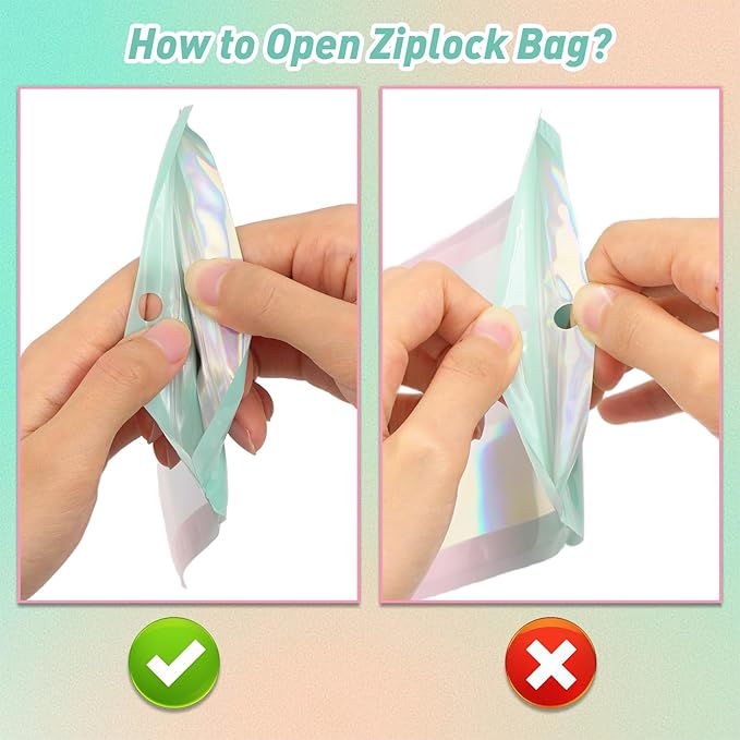Funfery 100 Pack Gradient Holographic Bags,Mylar Resealable Bags with Zipper,Clear Window Packaging Pouchs,Smell Proof Foil Bag for Food Storage,Sample Jewelry Baggies(3×4.7In,Green Pink)