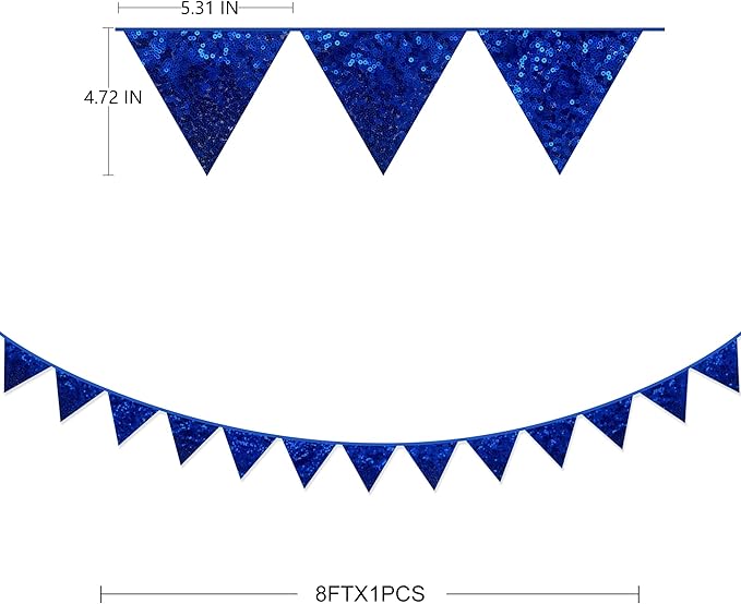 pinkblume Royal Blue Decorations Double Sided Sequin Navy Blue Fabric Triangle Pennant Banner Flag Bunting Garland for Blue Nautical Ahoy Achor Theme Nursery Classroom Home Bedroom Wall Decor